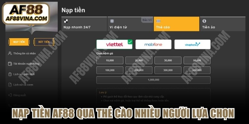Nạp tiền AF88 qua thẻ cào nhiều người lựa chọn nhờ tính linh hoạt, đơn giản